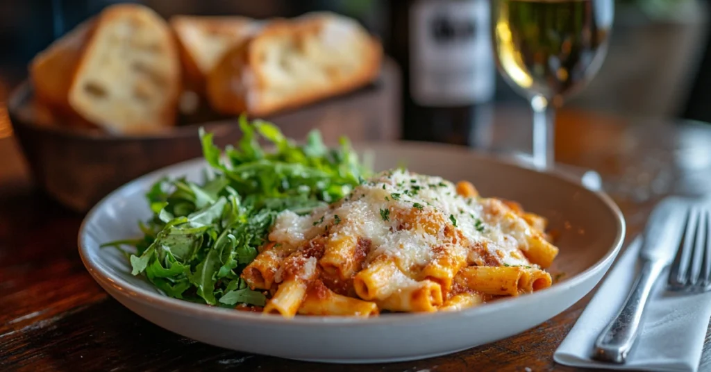 Baked ziti paired with a fresh salad and garlic bread on a plate.