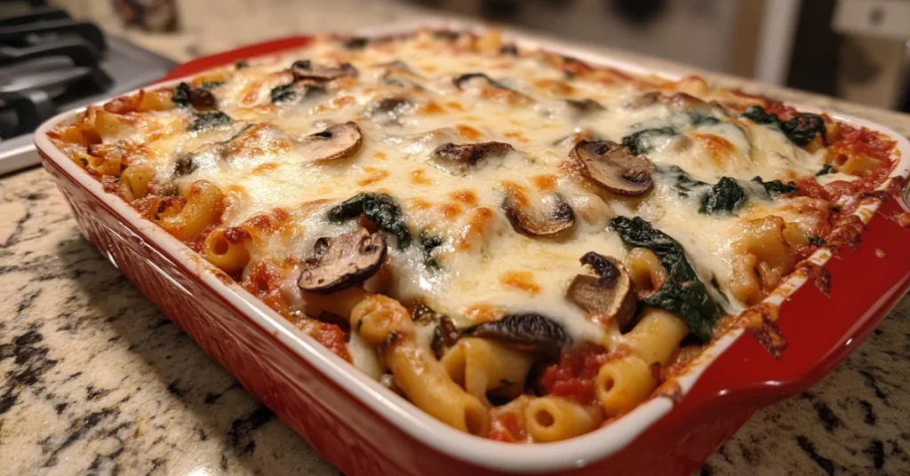 Vegetarian baked ziti with spinach and mushrooms.