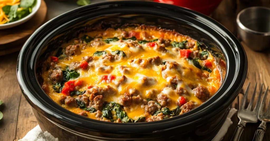 A keto-friendly sausage and spinach breakfast casserole in a crockpot.